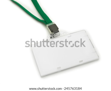 Blank ID or security card with green neck strap, isolated on white. For adding your text of your choice. 