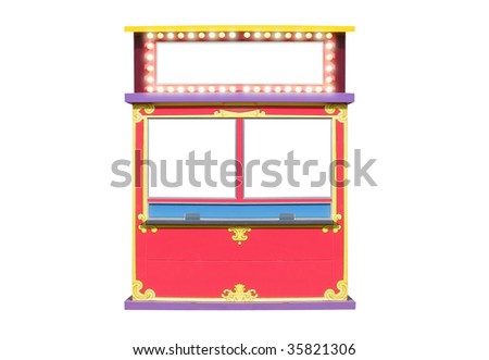 A blank isolated ticket booth stand has light bulbs glowing around it. There are blank areas. Use it for a circus, carnival or fair image.