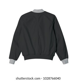 Blank Jacket Bomber Black With Grey Ribb In Back View On White Background For Mockup Template