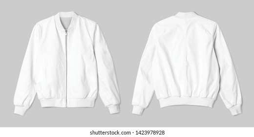 Пустая куртка-бомбер белого цвета спереди и сзади, изолированная на белом фоне, готовая к макету шаблон, презентация, предварительный просмотр вашего дизайн-проекта
