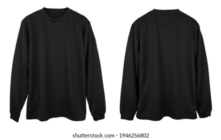 Blank Jersey Long Sleeve T Shirt Color Black Template Front And Back View On White Background
