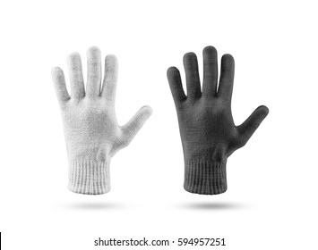 Blank knitted winter gloves mockup set, black and white. Clear ski or snowboard mittens mock up, isolated on white. Warm hand clothes design template. Plain arm accessory presentation for branding.