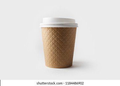 Blank Kraft Paper Coffee Cup With Cap. Disposable Cup