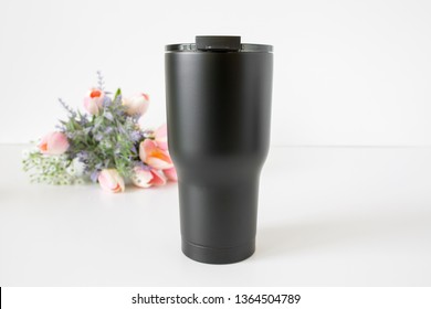 Blank Large Black Coffee Tumbler With Flowers, Drinkware Mock Up