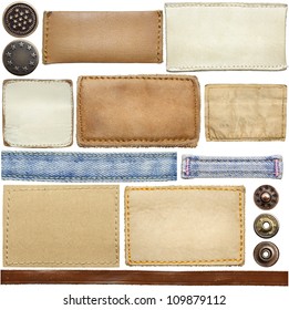 Blank leather jeans labels, buttons, straps isolated on white background - Powered by Shutterstock