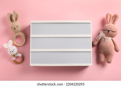 Blank Letter Board And Different Toys On Pink Background, Flat Lay. Mockup For Design