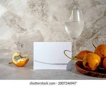 Blank Letterhead For The Menu Or Your Text And Fruits On A Gray Stone Background. Mockup For Branding For A Restaurant Or Cafe.