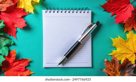 A blank, lined notebook and pen with fall foliage on a turquoise background. - Powered by Shutterstock