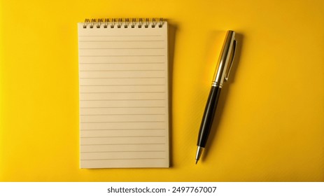 A blank lined notebook and a pen are positioned on a yellow background. - Powered by Shutterstock