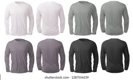 Blank long sleeved shirt mock up template, front and back view, isolated on white, plain black white and gray t-shirt mockup. Tee sweater sweatshirt design presentation for print.