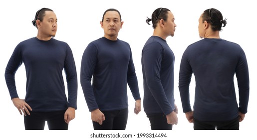 Blank Long Sleeved Shirt Mock Up Template, Front Side And Back View, Asian Man Wear Plain Dark Navy Blue T-shirt Isolated On White. Tee Design Mockup Presentation For Print