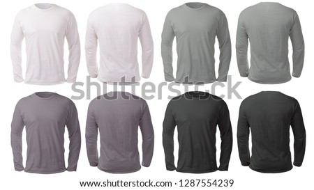 Blank long sleeved shirt mock up template, front and back view, isolated on white, plain black white and gray t-shirt mockup. Tee sweater sweatshirt design presentation for print.