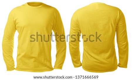 Blank long sleeved shirt mock up template, front and back view, isolated on white, plain yellow t-shirt mockup. Tee sweater sweatshirt design presentation for print.