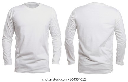 Blank long sleve shirt mock up template, front and back view, isolated on white, plain white t-shirt mockup. Long sleeved tee design presentation for print.