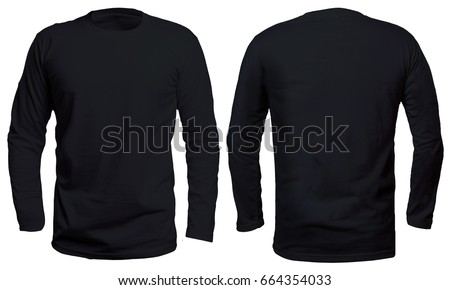 Blank long sleve shirt mock up template, front and back view, isolated on white, plain black t-shirt mockup. Long sleeved tee design presentation for print.