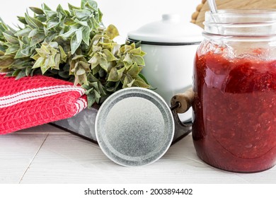 Blank Mason Jar Lid Leaned On Tray With Marmelad Glass And Kitchen Props, Label Sticker Mockup