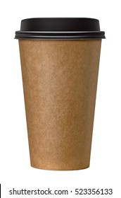 Blank Medium Disposable Takeaway Kraft Coffee Cup Mockup Or Mock Up Template Isolated On White Background Including Clipping Path
