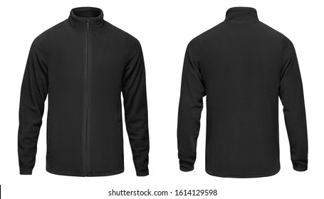 Blank Mens Black Sweatshirt With Long Sleeve, Front And Back View, Isolated On White Background. Pullover Mockup For Design