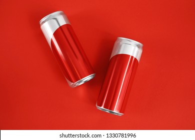 Blank Metal Cans On Color Background, Flat Lay. Mock Up For Design 