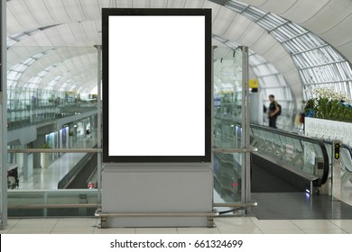 Blank Mock Up Of Vertical Street Poster Billboard On Airport Background With Plane Passengers.