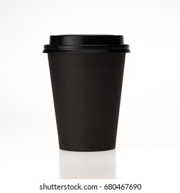 Blank Mockup For Desigh  Black Paper With Black Plastic Cap Coffee Cup For Take Away  Isolated On White Background