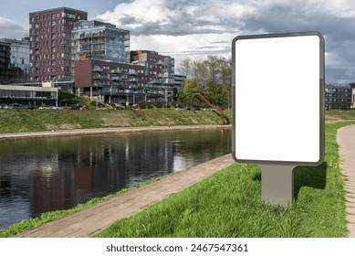 Blank Mockup Of Street Advertising Poster Billboard Next To The River. Empty Outdoor Lightbox On City Landscape Background
