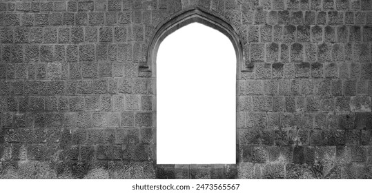 blank, mockup window frame in a stone, rock wall, fence. empty Copy space. mock up. doorway of church. medieval door. front view. entrance. mock-up. isolated on white background. historical exterior - Powered by Shutterstock