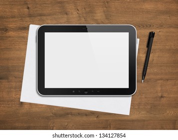 Blank Modern Digital Tablet With Papers And Pen On A Wooden Desk. Top View. High Quality Detailed Graphic Collage.