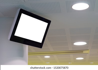 Blank Monitor Mock Up Template. Digital Display Screen Hang Up High In A Queue Areas/waiting Room.