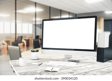 Blank Monitor On Wooden Desktop With Blurry Office In The Background, Mock Up, 3D Render