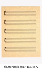 Blank Music Sheet With 5 Staves Of Treble And Bass Clefs On Parchment Paper For Your Composing! Isolated.