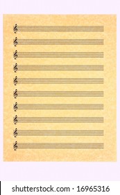 A Blank Music Sheet, Treble Clef, On Parchment Paper Ready For Your Composition. Isolated.