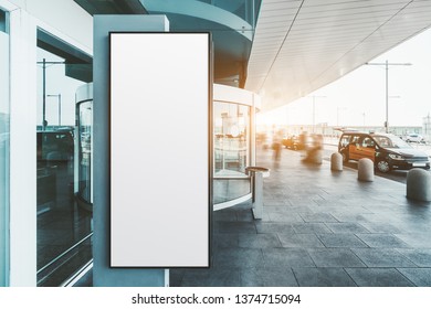 A Blank Narrow Vertical Poster Mock-up Near The Entrance Of A Modern Airport Terminal With Taxis And Silhouettes Of Passengers; An Empty Info Billboard Template Near Railway Station Depot Or A Mall