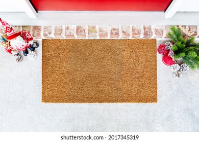 Blank natural door mat on ground with christmas props, holiday decor mockup