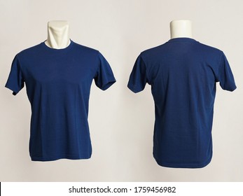 Blank Navy Blue Tshirt Template, From Two Sides, Natural Shapes On Mannequins, For Your Mockup Design To Be Printed, Isolated On A White Background.