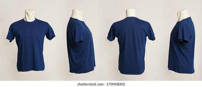 Blank Navy Blue Tshirt Template, From Four Sides, Natural Shapes On Mannequins, For Your Mockup Design To Be Printed, Isolated On A White Background.