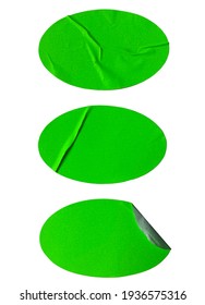 Blank neon green ovals paper sticker label set crumpled isolated on white background