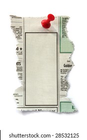 Blank Newspaper Classified Ad, Ready For Your Message.  Fastened With Red Push Pin.