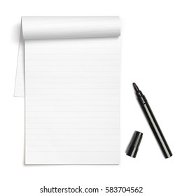 Blank note book with black pen, with copy space, isolated on white background