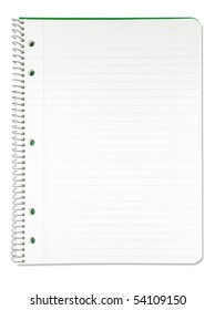 Blank note book with green cover and ring binder holes isolated on white. Used condition.