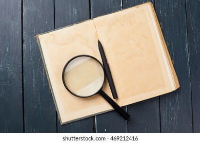 Blank note book on table, top view