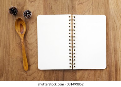 Blank Note Book And Wooden Spoon On Table, Cook Book Background, Menu, Food Concept, Flat Lay