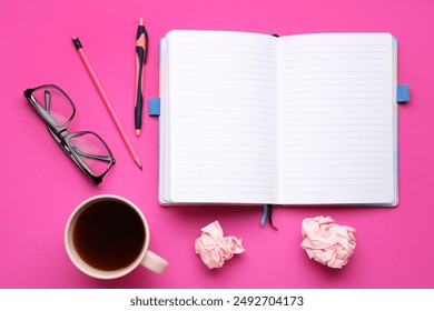 Blank notebook, pen, eyeglasses and cup of coffee on pink background - Powered by Shutterstock