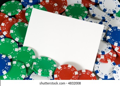 Blank notecard surrounded by poker chips - copy space  add text or graphic to card, for invitation, or announcement