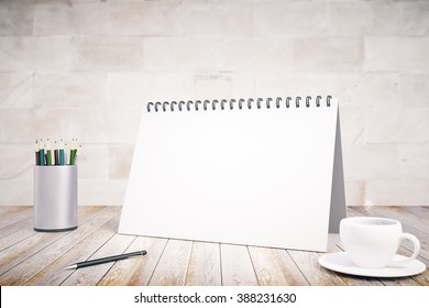 Blank Notepad Cover, Cup Of Coffee And Pen On Wooden Table, Mock Up