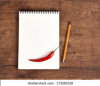 Blank Notepad For Recipes With Pepper For Your Grocery List / Studio Photography Of Open Blank Ring Bound Notebook And Pencil On Old Wooden Table 