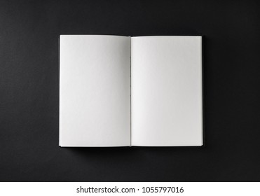 Blank Open Book, Brochure Or Magazine On Black Paper Background. Responsive Design Mockup. Flat Lay.