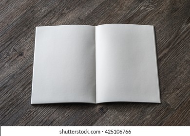 Blank Open Book Mock Up, Catalog, Magazines Template With Paper Texture On Wood Table