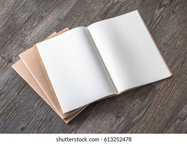 Blank Open Book Mock Up, Catalog, Magazines, Brochure, Note Template On Wood Table