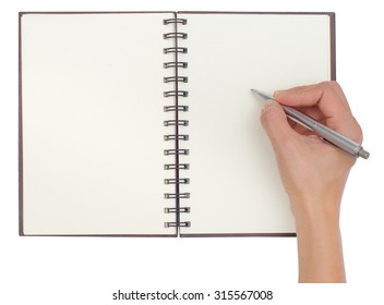 Blank Open Notebook Isolated On White Background With Hand Writing